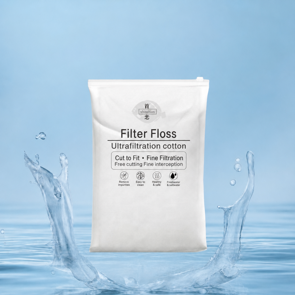 Aquiora filter floss packaging in an aquatic lifestyle setting