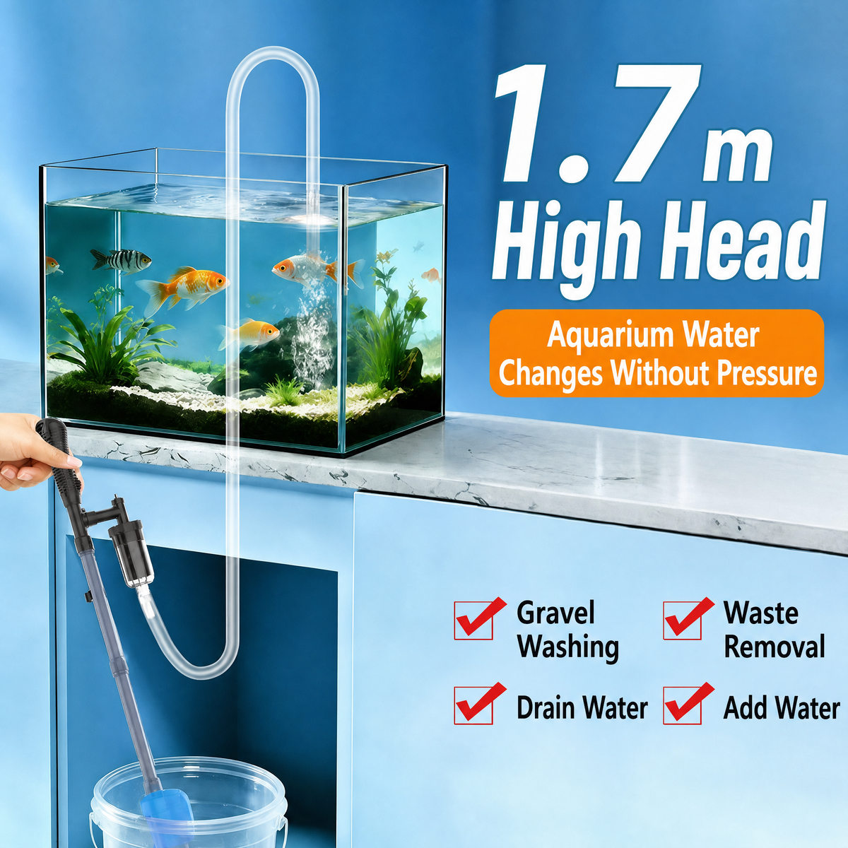 1.7 m high-head aquarium water changer in use