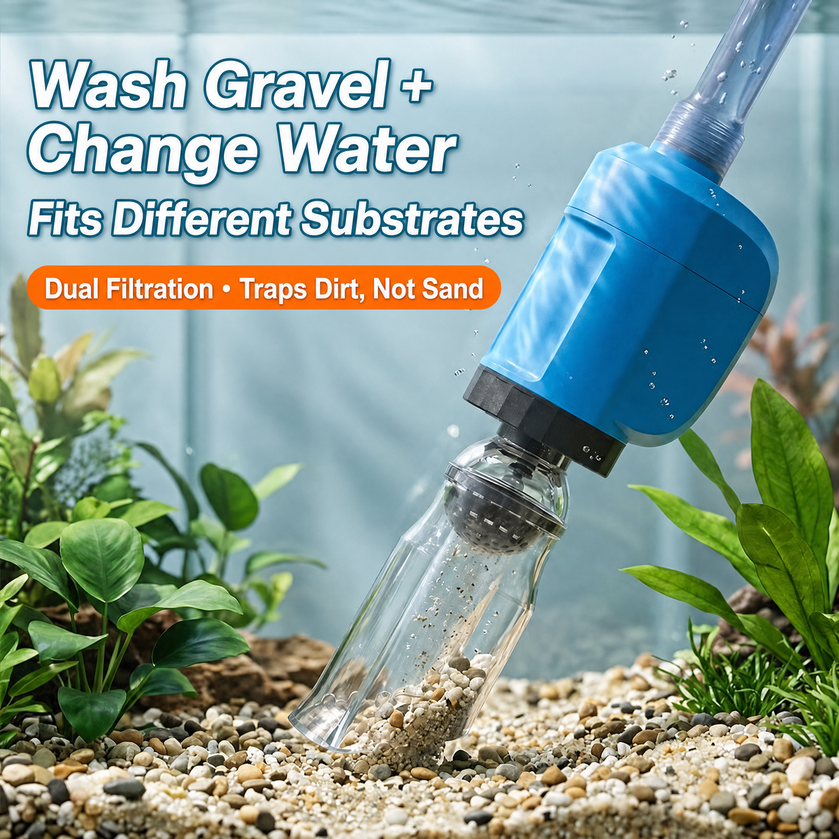 Electric aquarium water changer for gravel washing and water changes