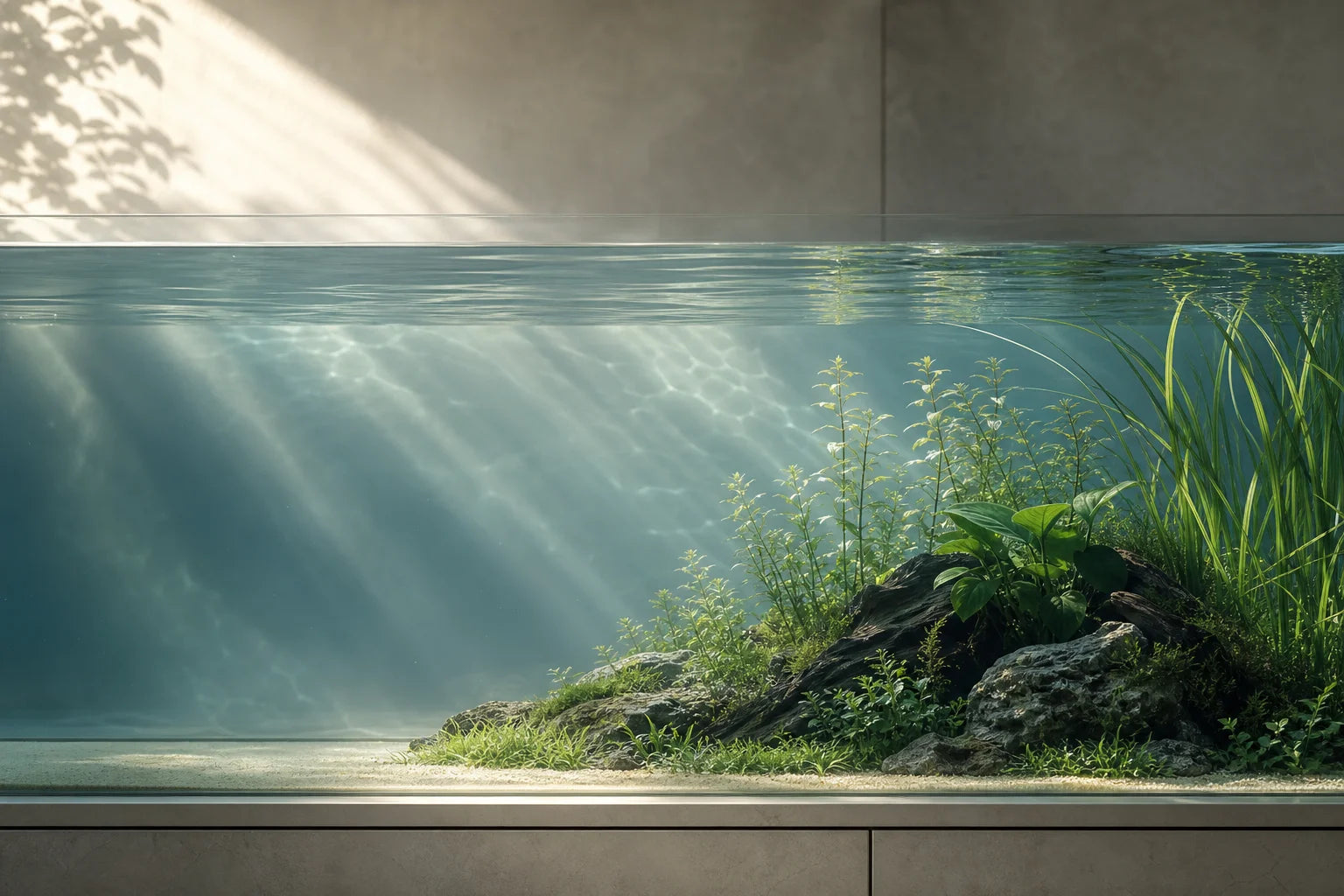 Planted aquascaped aquarium in soft natural light